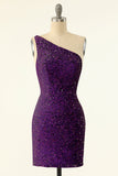 Purple One Shoulder Sequins Robe de retour