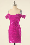 Fuchsia Off the Shoulder Sequins Robe de retour serrée