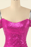 Fuchsia Off the Shoulder Sequins Robe de retour serrée