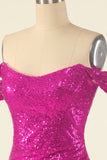 Fuchsia Off the Shoulder Sequins Robe de retour serrée