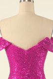 Fuchsia Off the Shoulder Sequins Robe de retour serrée