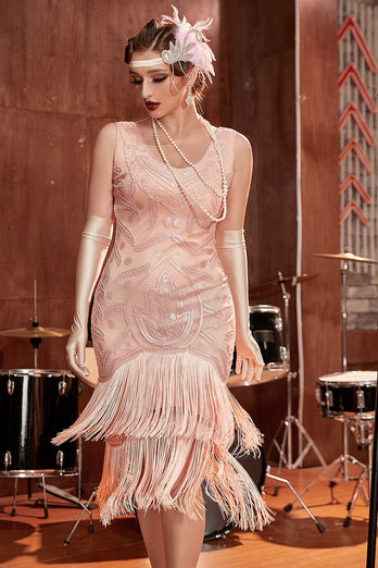 Blush Sequins 1920s Flapper Gatsby Robe avec franges