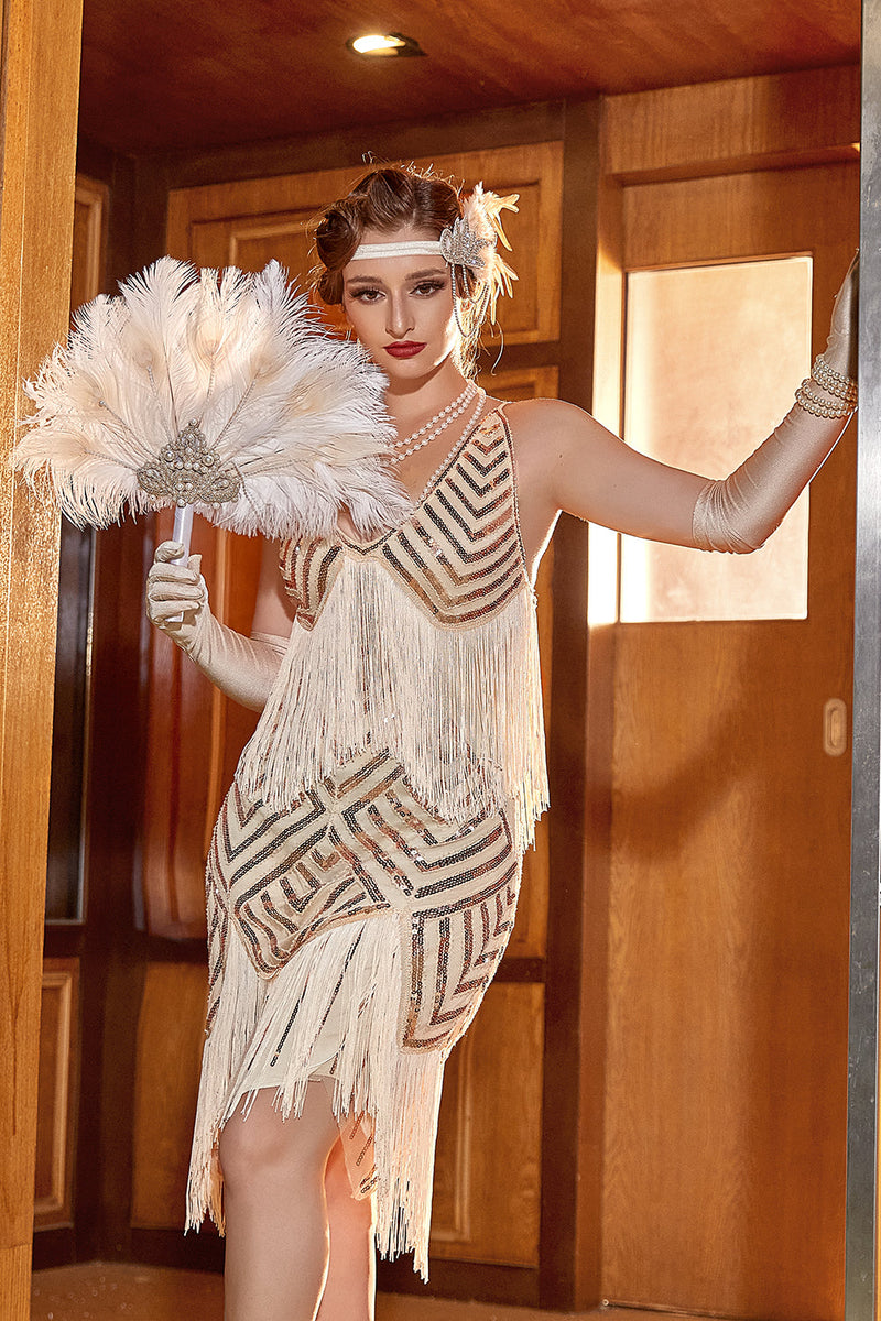 Charger l&#39;image dans la galerie, Champagne V-Neck Sequins 1920s Flapper Robe à franges