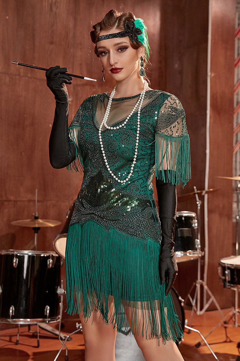 Charger l&#39;image dans la galerie, Vert Foncé Bateau Neck 1920s Gatsby Robe Avec Franges