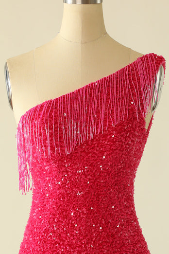 Robe de retour à paillettes rose vif à une épaule