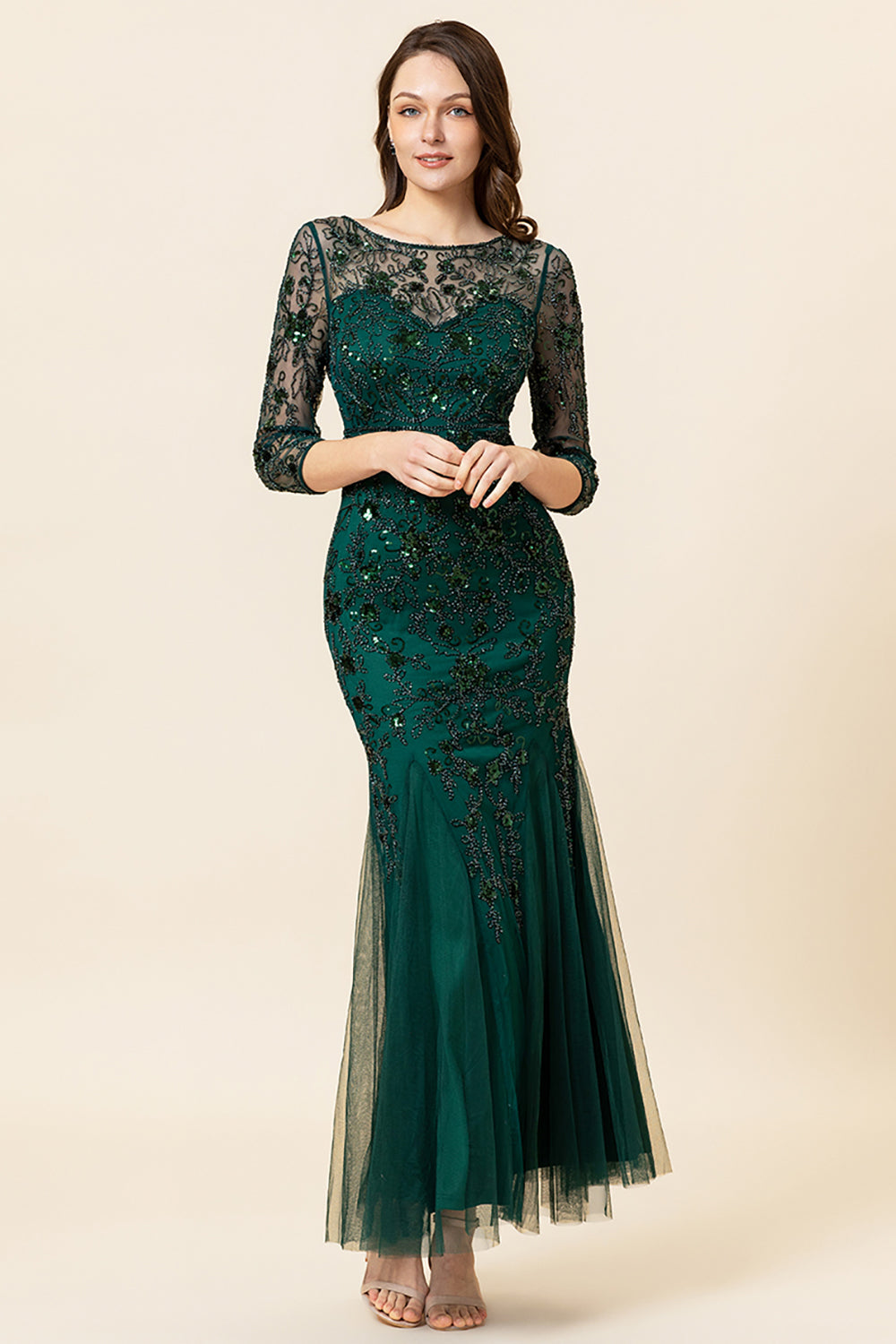 Vert foncé manches longues Perlant Robe de mère de mariée