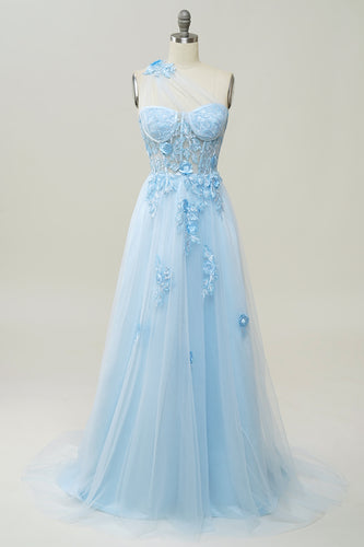 Une robe de bal longue Line One Shoulder Sky Blue avec appliques