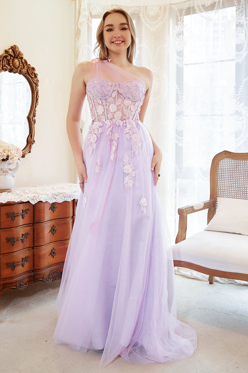 Charger l&#39;image dans la galerie, Une robe de bal Line One Shoulder Purple Plus Taille avec Appliques