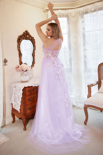 Une robe de bal Line One Shoulder Purple Plus Taille avec Appliques