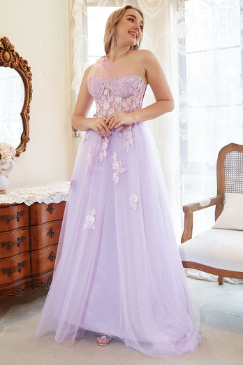 Une robe de bal Line One Shoulder Purple Plus Taille avec Appliques