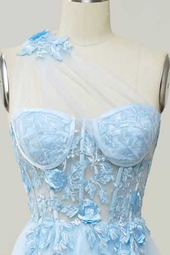 Une robe de bal longue Line One Shoulder Sky Blue avec appliques