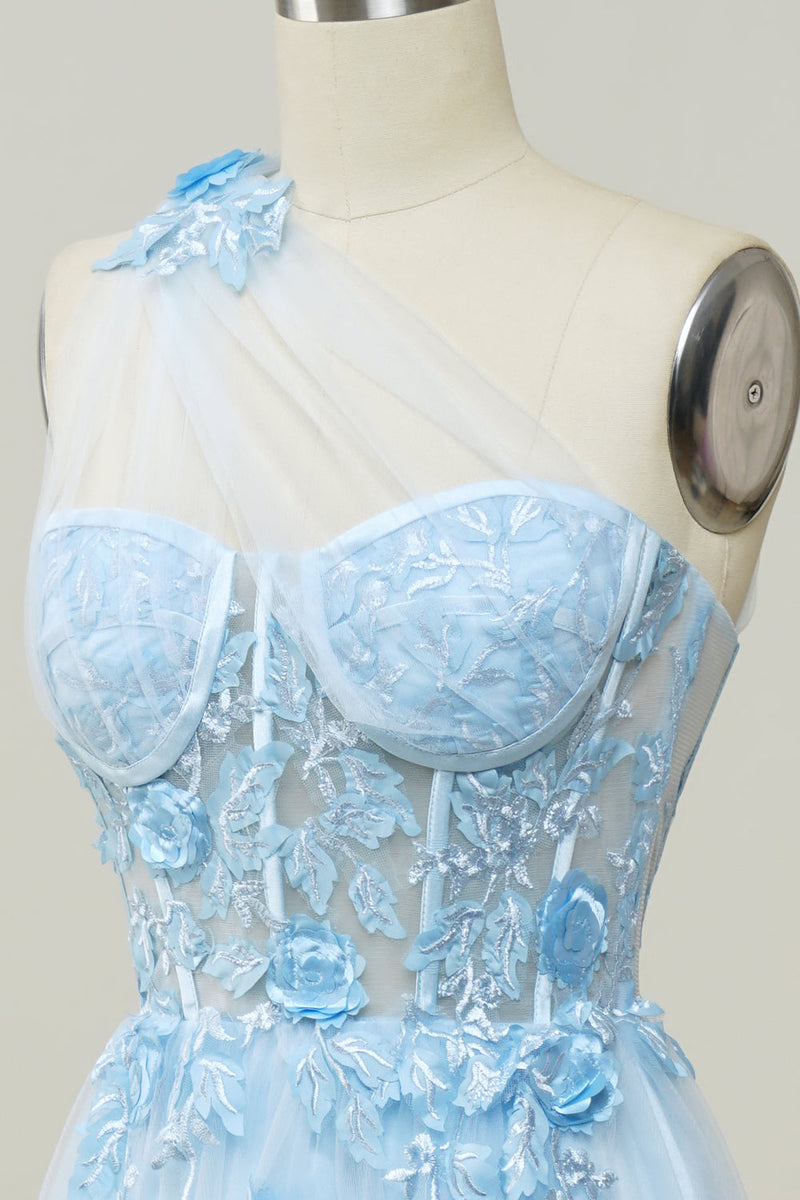 Charger l&#39;image dans la galerie, Une robe de bal longue Line One Shoulder Sky Blue avec appliques