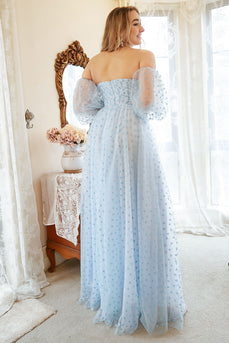 Une robe de bal bustier imprimée bleu plus grande taille avec demi-manches