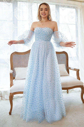 Une robe de bal bustier imprimée bleu plus grande taille avec demi-manches