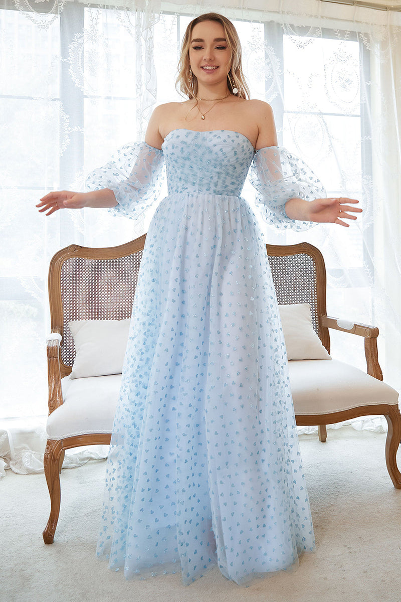 Charger l&#39;image dans la galerie, Une robe de bal bustier imprimée bleu plus grande taille avec demi-manches