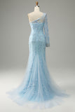 Robe de bal de sirène à une épaule bleu ciel avec appliques