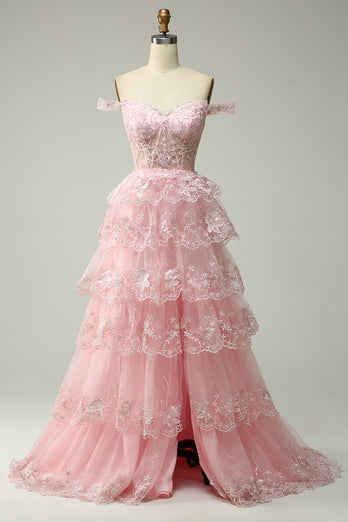 Princesse Une ligne sur l’épaule Robe de bal longue rose avec appliques