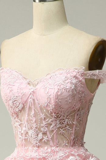 Princesse Une ligne sur l’épaule Robe de bal longue rose avec appliques