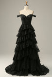 Long Off The Shoulder Robe de bal noire à plusieurs niveaux