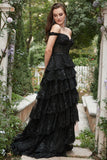 Long Off The Shoulder Robe de bal noire à plusieurs niveaux