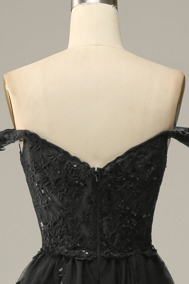 Charger l&#39;image dans la galerie, Robe de bal à plusieurs niveaux noire sur les épaules