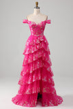 Robe de bal fuchsia à épaules dénudées avec paillettes