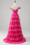 Robe de bal fuchsia à épaules dénudées avec paillettes