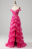 Robe de bal fuchsia à épaules dénudées avec paillettes