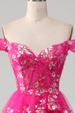 Robe de bal fuchsia à épaules dénudées avec paillettes