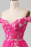 Robe de bal fuchsia à épaules dénudées avec paillettes
