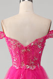 Robe de bal fuchsia à épaules dénudées avec paillettes