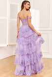 Robe de soirée Corset violet Off the Shoulder avec fente