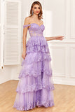 Robe de soirée Corset violet Off the Shoulder avec fente