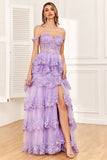 Robe de soirée Corset violet Off the Shoulder avec fente