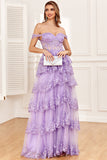 Robe de soirée Corset violet Off the Shoulder avec fente