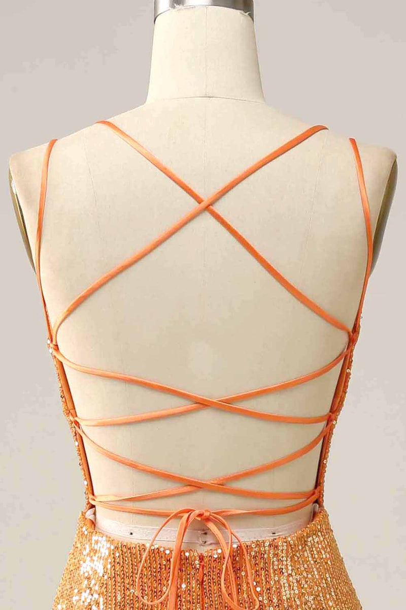 Charger l&#39;image dans la galerie, Robe de bal de sirène sans dos pailletée orange