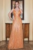 Charger l&#39;image dans la galerie, Spaghetti Straps Orange Paillettes Robe longue de bal avec Criss Cross Back