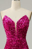 Charger l&#39;image dans la galerie, Robe de bal à paillettes sans bretelles rose vif avec fente