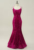 Charger l&#39;image dans la galerie, Hot Pink Sequin Spaghetti Straps Mermaid Prom Robe avec dos à lacets
