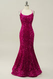 Hot Pink Sequin Spaghetti Straps Mermaid Prom Robe avec dos à lacets