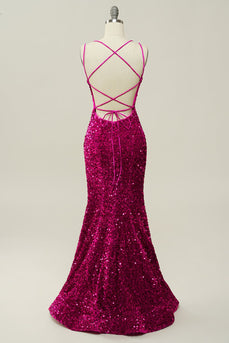 Hot Pink Sequin Spaghetti Straps Mermaid Prom Robe avec dos à lacets