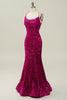 Charger l&#39;image dans la galerie, Hot Pink Sequin Spaghetti Straps Mermaid Prom Robe avec dos à lacets