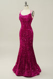 Hot Pink Sequin Spaghetti Straps Mermaid Prom Robe avec dos à lacets