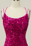 Hot Pink Sequin Spaghetti Straps Mermaid Prom Robe avec dos à lacets