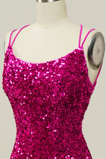 Hot Pink Sequin Spaghetti Straps Mermaid Prom Robe avec dos à lacets