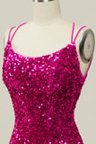 Hot Pink Sequin Spaghetti Straps Mermaid Prom Robe avec dos à lacets