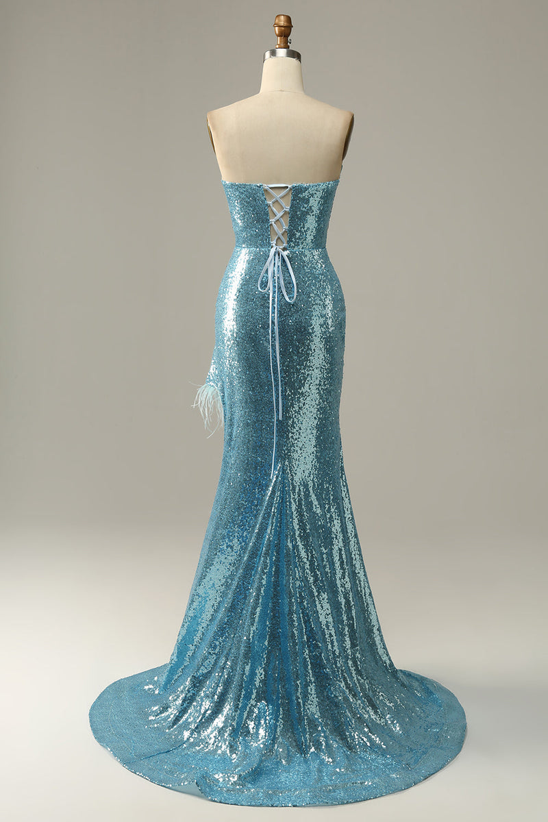 Charger l&#39;image dans la galerie, Robe de bal de sirène à paillettes bleu ciel avec plumes