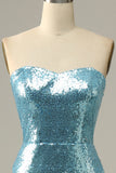 Robe de bal de sirène à paillettes bleu ciel avec plumes