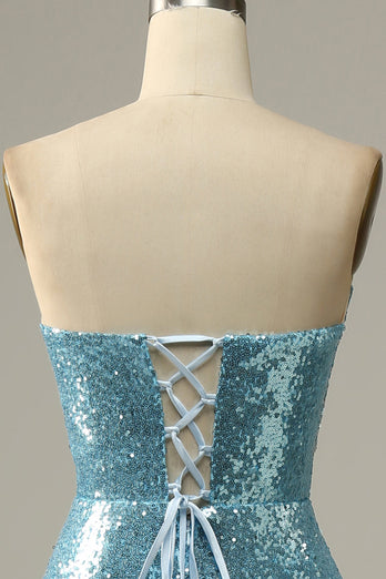 Robe de bal de sirène à paillettes bleu ciel avec plumes