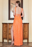 Gaine Halter Orange Paillettes Robe longue bal avec dos ouvert